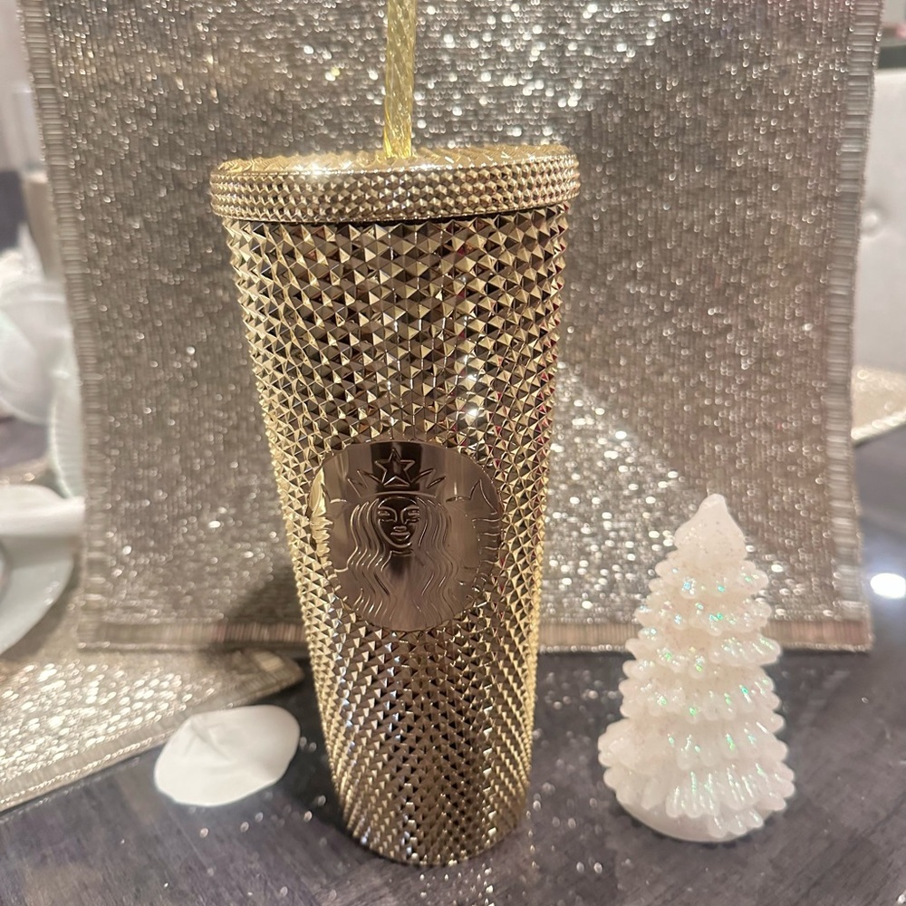 NEW-Starbucks 2022 Holiday Studded -Gold - Venti tumbler w/straw